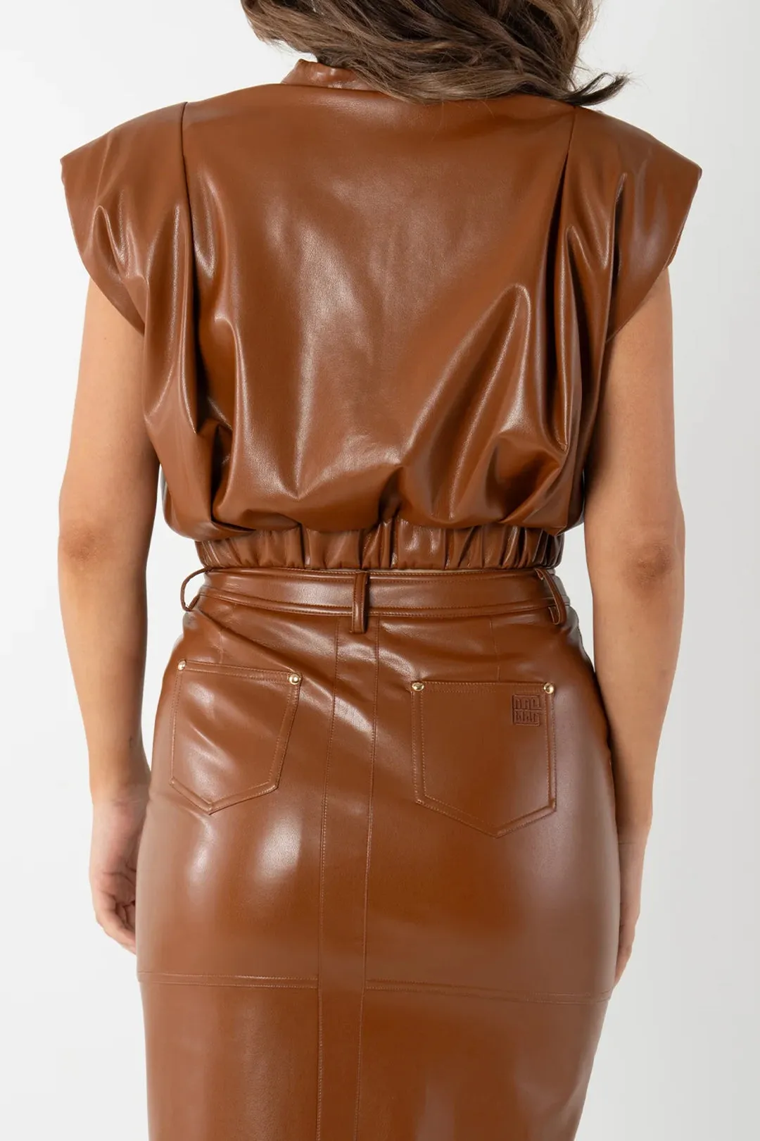 Faux Leather V-Neck Ruched Short-Sleeve Top sold by Micas product image thumbnail 2