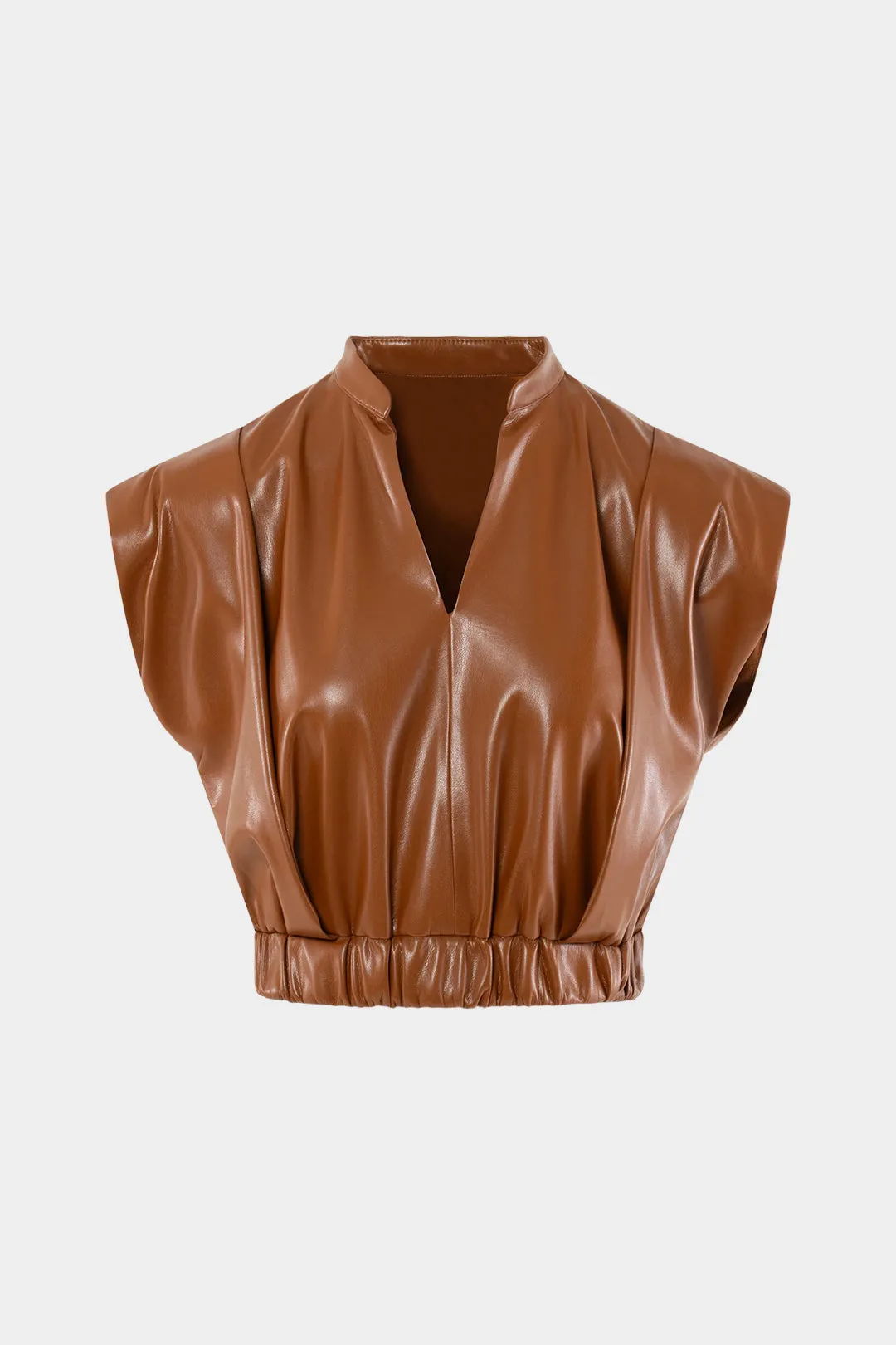 Faux Leather V-Neck Ruched Short-Sleeve Top sold by Micas