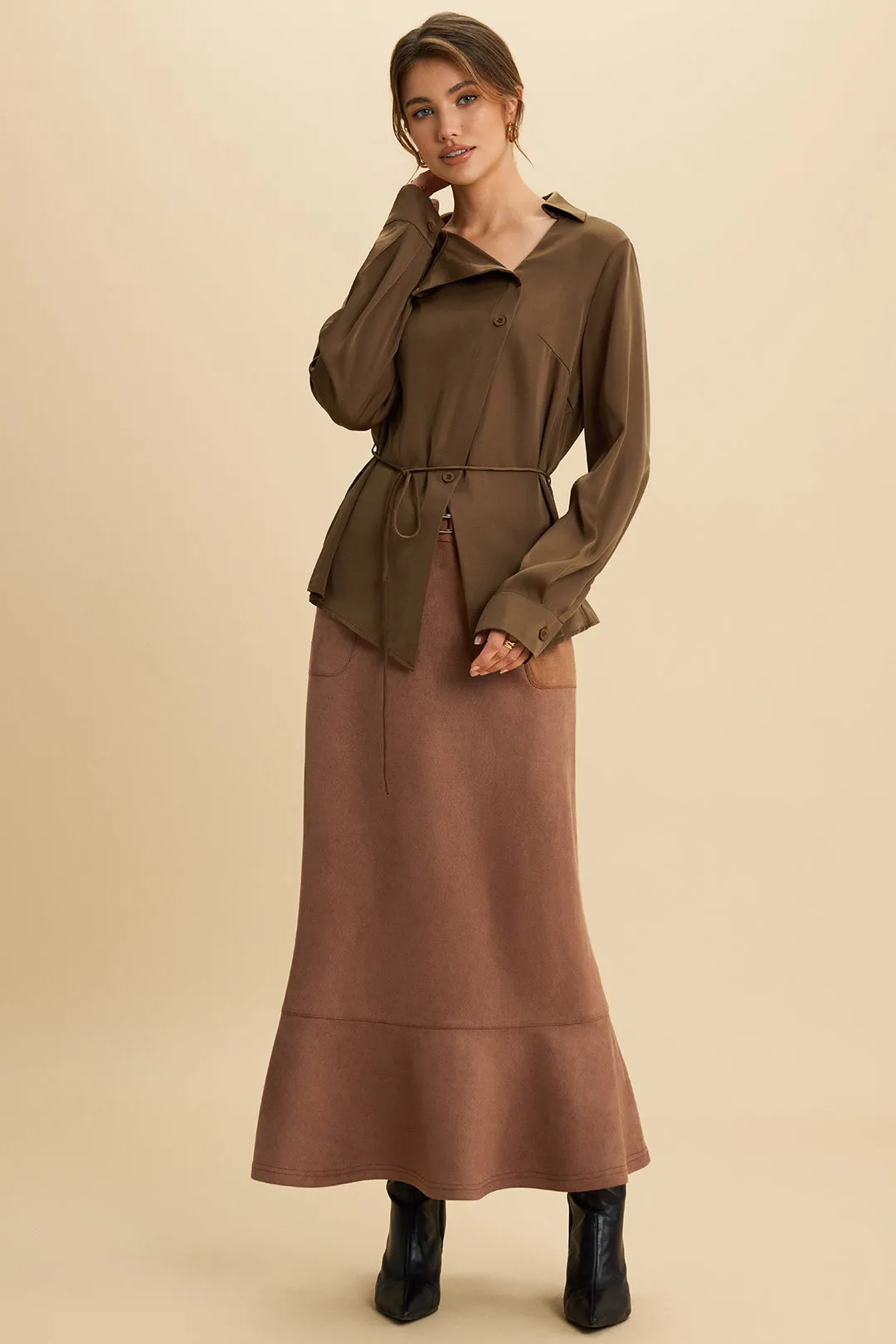 Satin Asymmetrical Neck Belted Long-Sleeve Shirt sold by Micas product image thumbnail 2