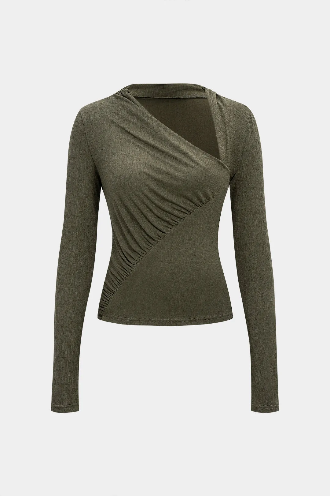 Asymmetrical Neck Ruched Long-Sleeve Top sold by Micas