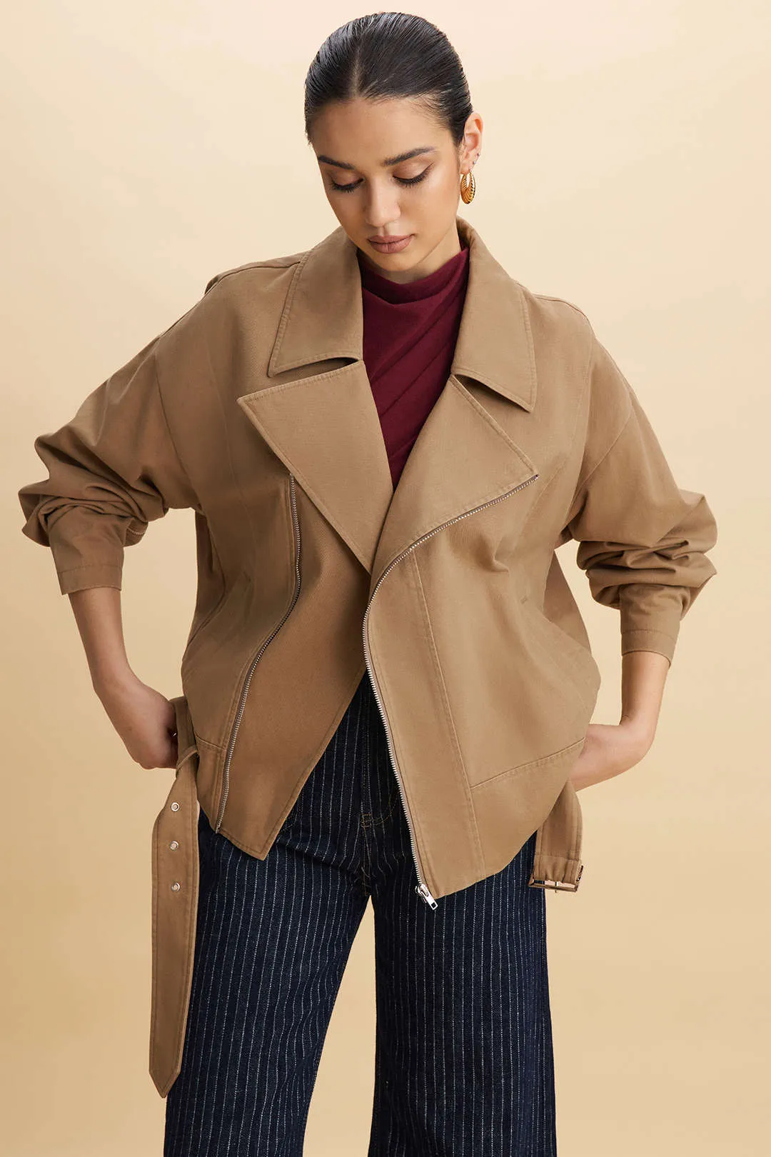 Zipper Asymmetrical Belted Jacket sold by Micas