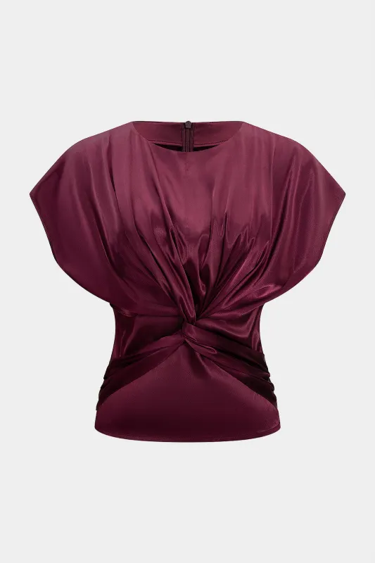 Satin Round Neck Twist Knot Zipper Short-Sleeve T-Shirt sold by Micas