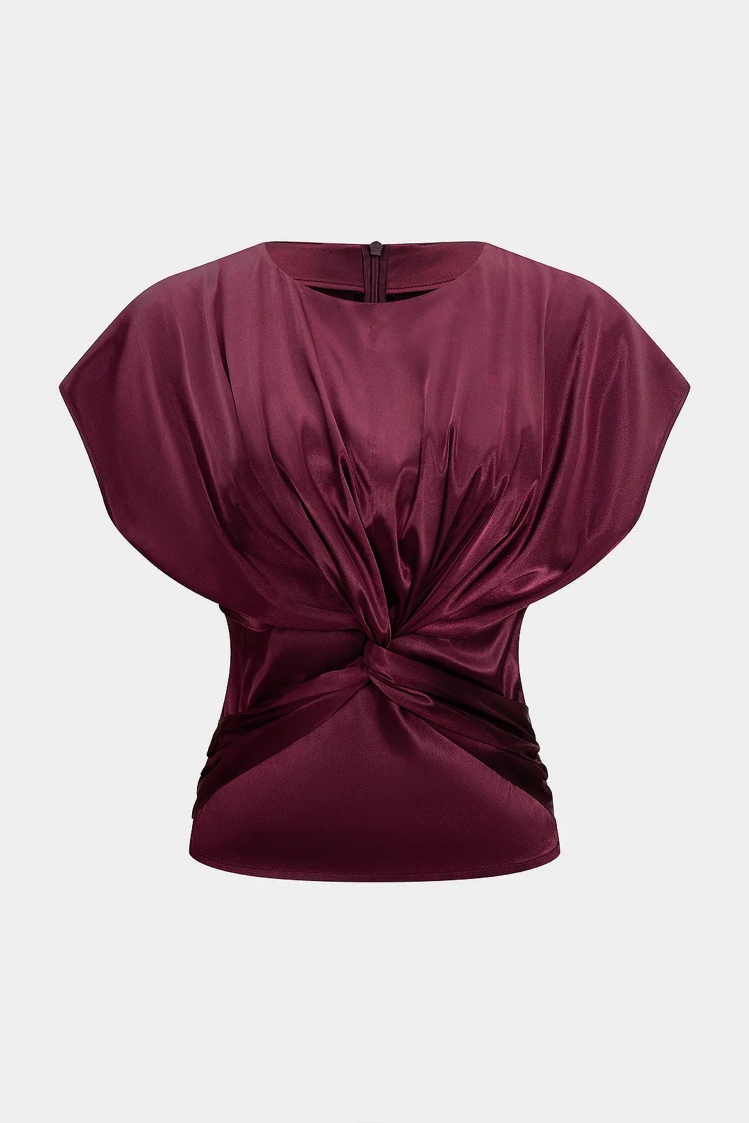 Satin Round Neck Twist Knot Zipper Short-Sleeve T-Shirt sold by Micas