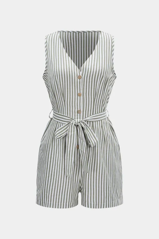 Linen Stripes Print Tie-Up V-Neck Sleeveless Jumpsuit sold by Micas