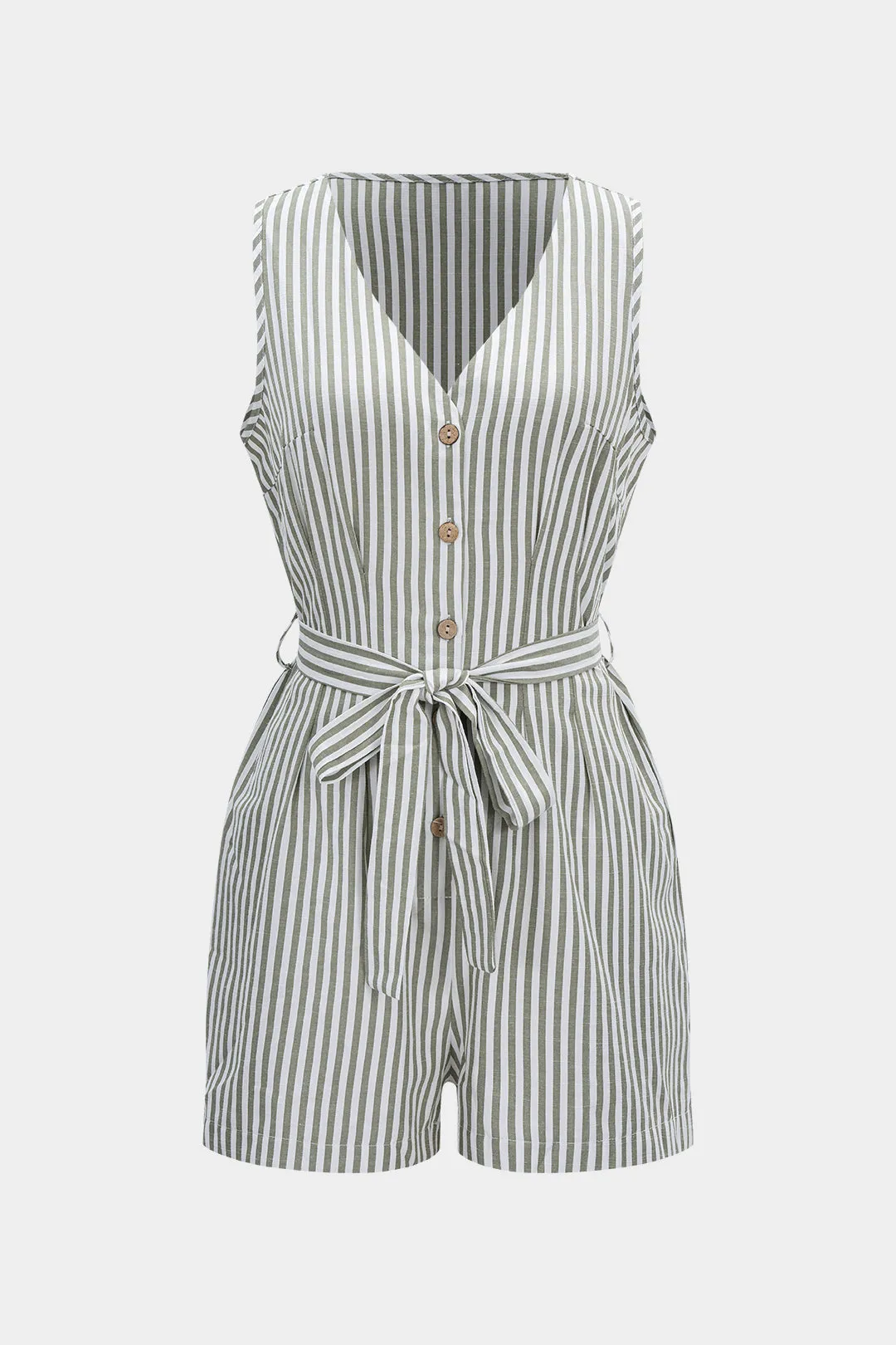 Linen Stripes Print Tie-Up V-Neck Sleeveless Jumpsuit sold by Micas