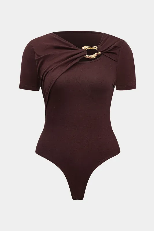 Plus Size Metallic Decor Ruched Cut Out Short Sleeve Bodysuit sold by Micas