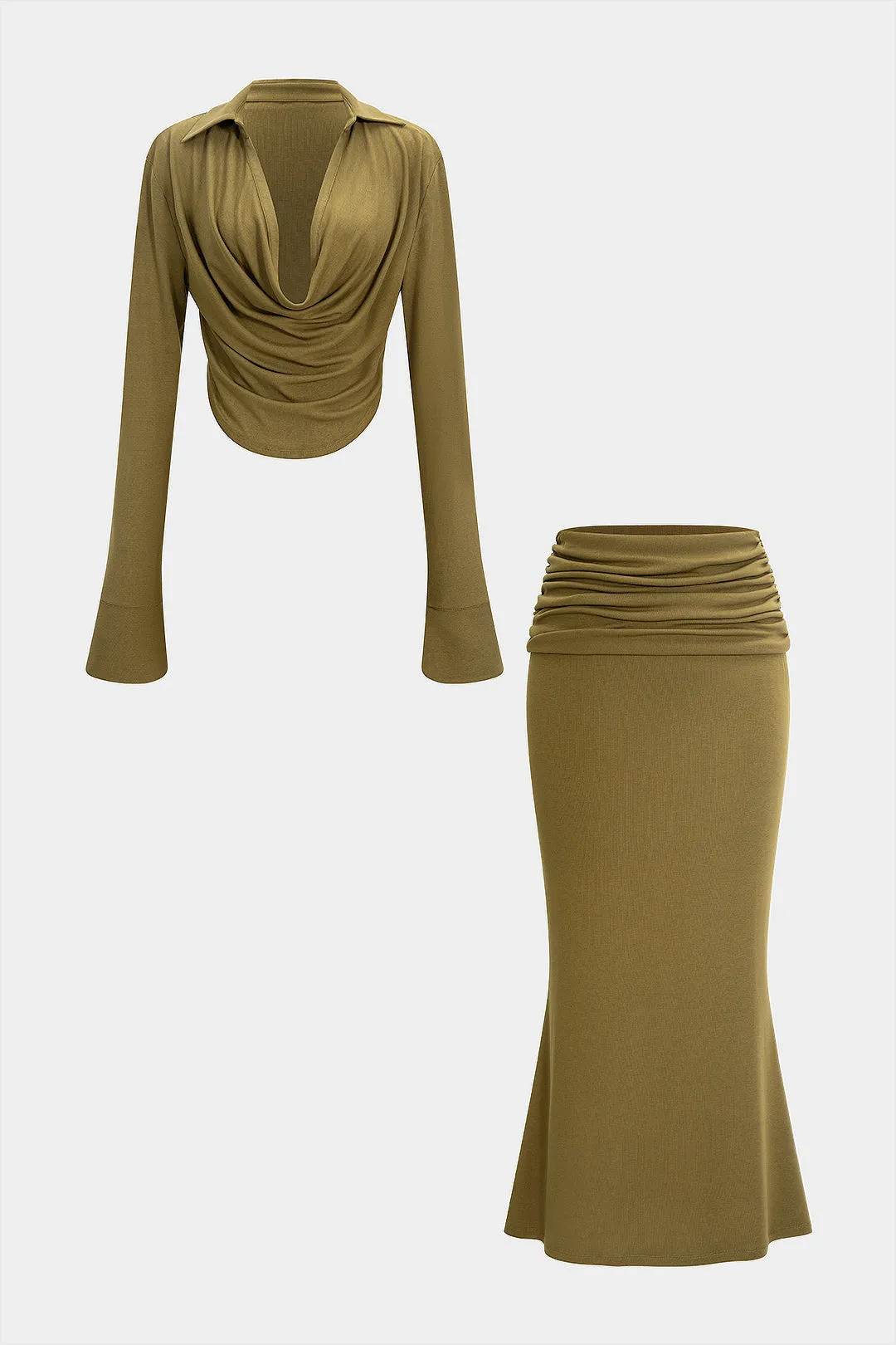 Draped Cowl Neck Long-Sleeve Top And Ruched Skirt Set sold by Micas