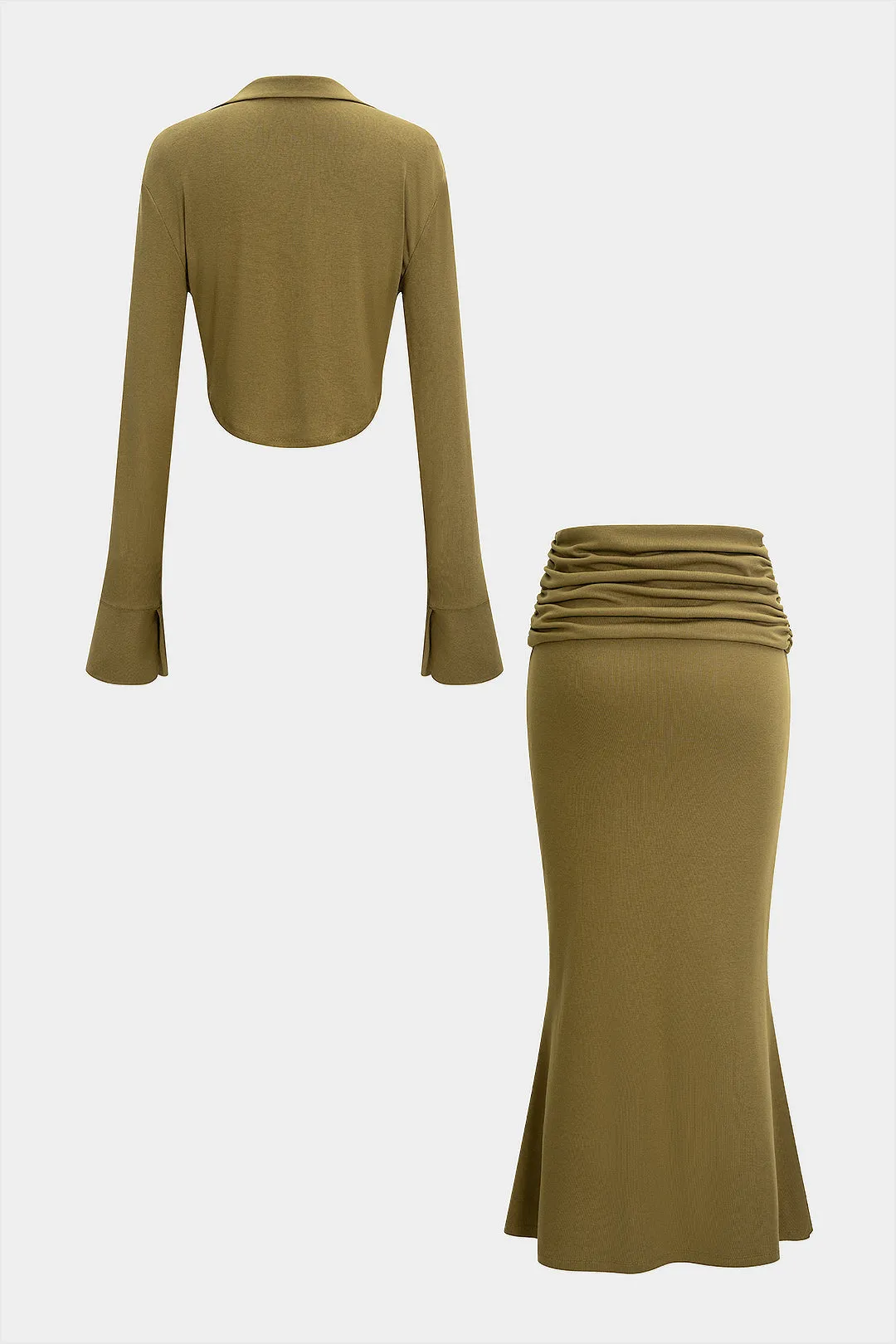 Draped Cowl Neck Long-Sleeve Top And Ruched Skirt Set sold by Micas product image thumbnail 2