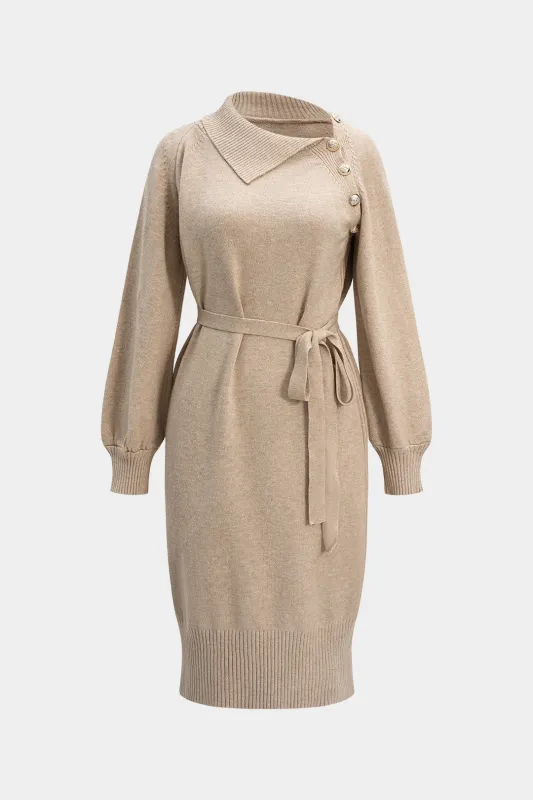 Knit Asymmetrical Button Tie-Up Long Sleeve Dress sold by Micas