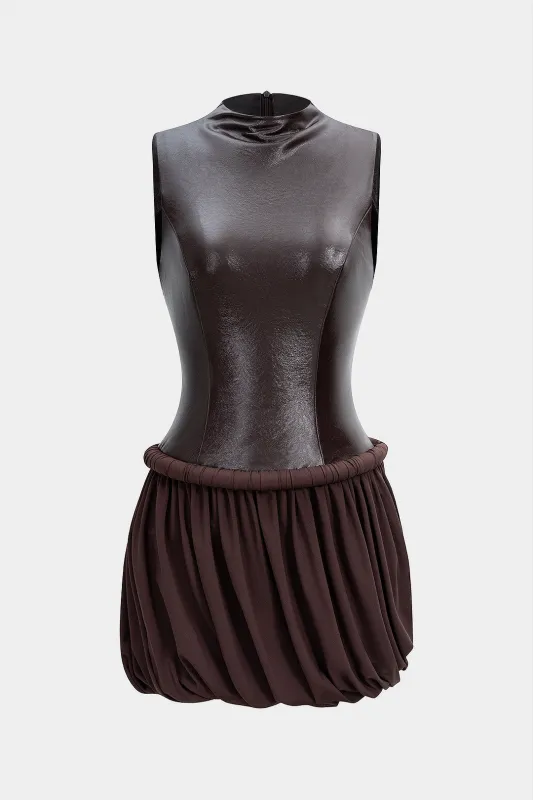 Faux Leather Patchwork Twist Knot Ruched Sleeveless Mini Dress sold by Micas