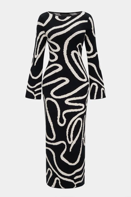 Knit Abstract Geometric Contrast Print Bell Long Sleeve Dress made by Micas