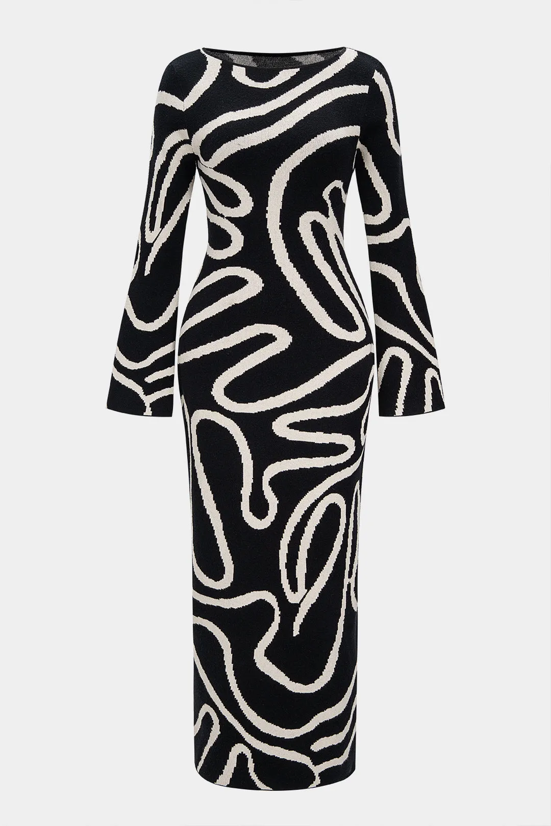 Knit Abstract Geometric Contrast Print Bell Long Sleeve Dress sold by Micas