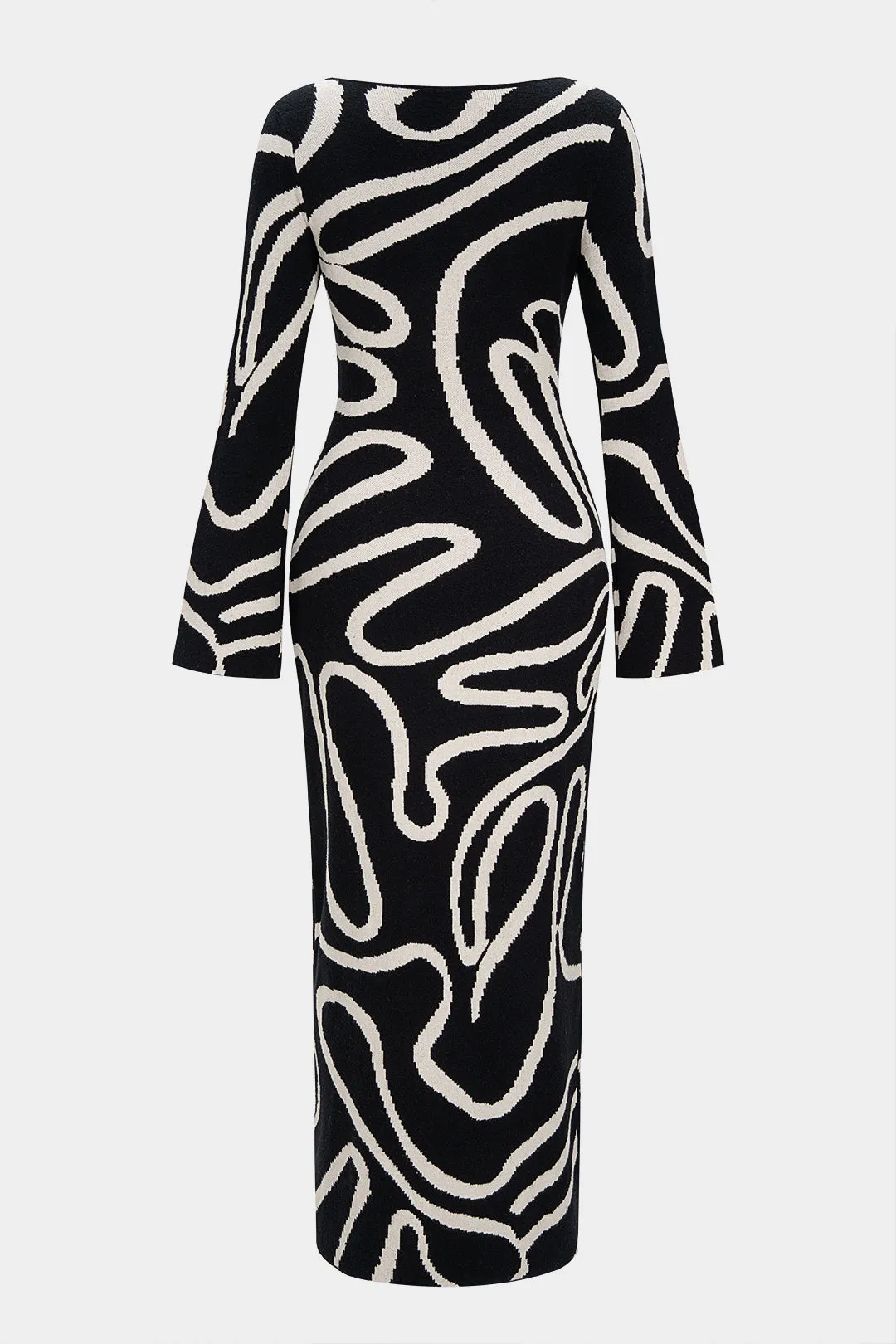 Knit Abstract Geometric Contrast Print Bell Long Sleeve Dress sold by Micas product image thumbnail 2
