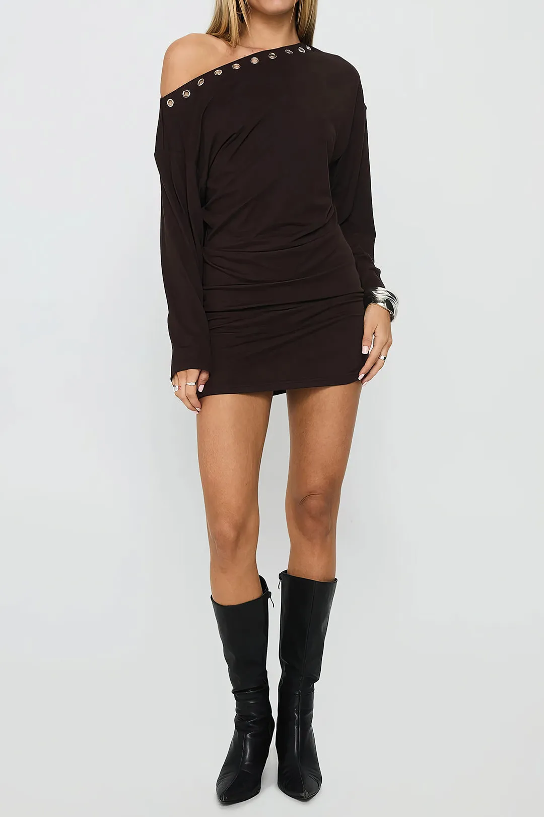 Asymmetrical Shoulder Ruched Long Sleeve Mini Dress sold by Micas product image thumbnail 2