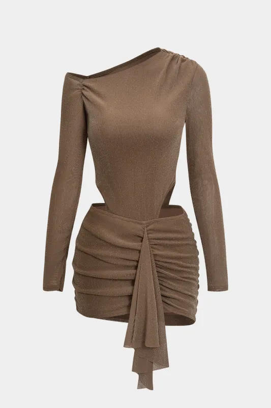 Asymmetrical Neck Cut Out Ruched Long Sleeve Mini Dress sold by Micas