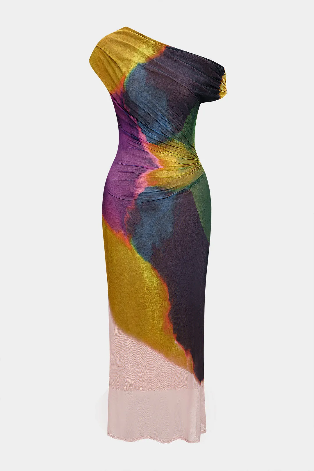 Satin Colorblock Print Ruched Asymmetrical Shoulder Short Sleeve Maxi Dress sold by Micas