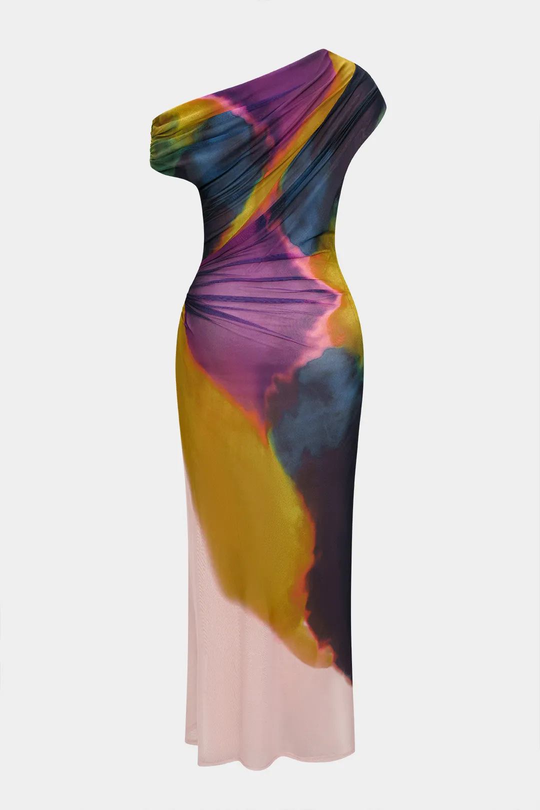 Satin Colorblock Print Ruched Asymmetrical Shoulder Short Sleeve Maxi Dress sold by Micas product image thumbnail 2