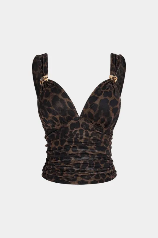 Leopard Print Mesh Ruched Metallic Decor Cami Top sold by Micas