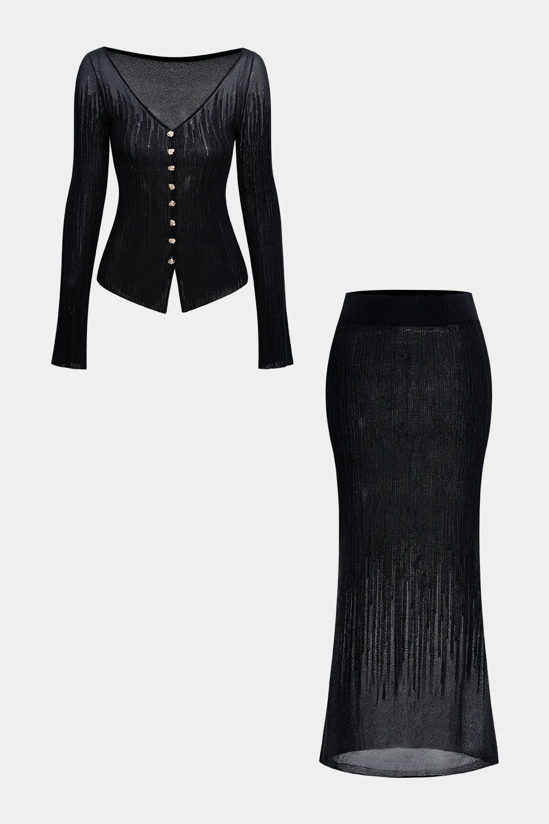 Knit Button V-Neck Long-Sleeve Top And Skirt Set sold by Micas