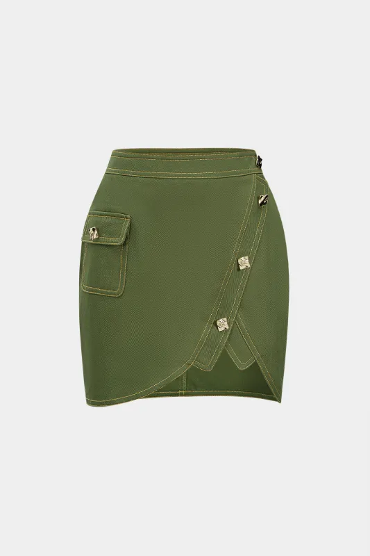Metallic Button High Waist Asymmetrical Pocket Skirt sold by Micas