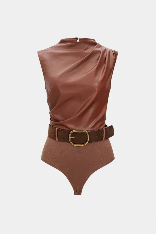 Faux Leather Pleated Patchwork Sleeveless Belted Bodysuit sold by Micas