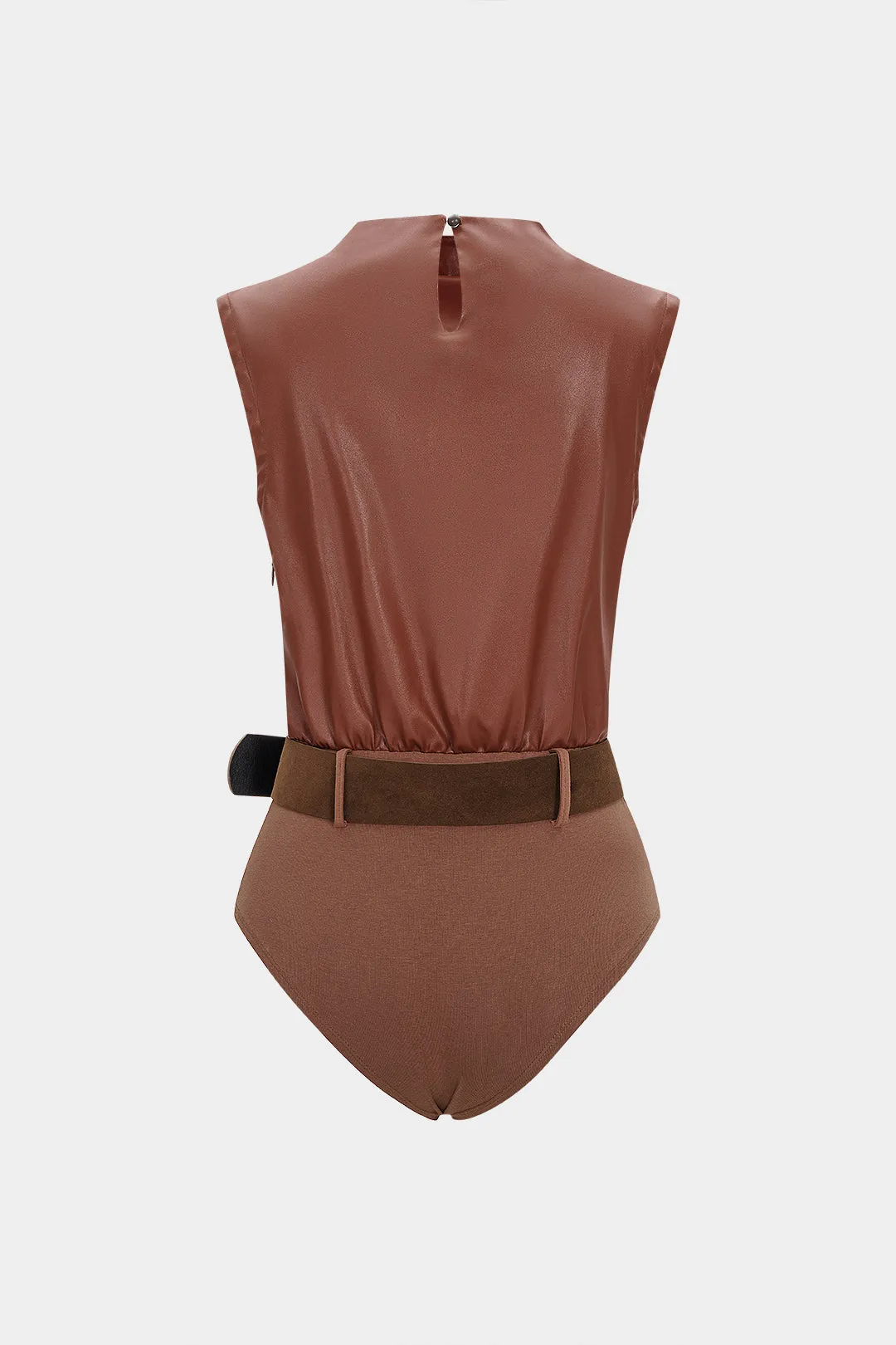Faux Leather Pleated Patchwork Sleeveless Belted Bodysuit sold by Micas product image thumbnail 2