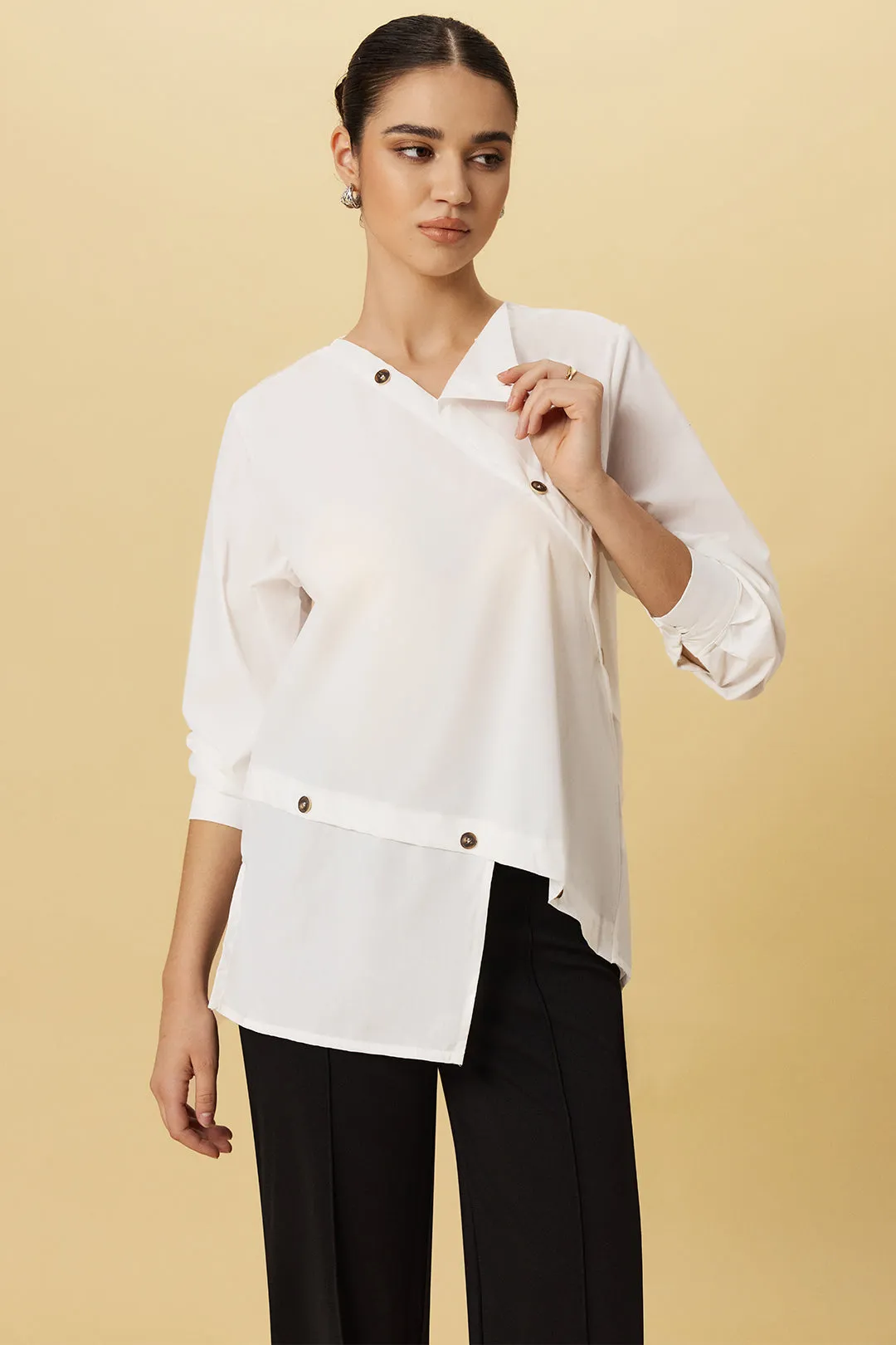 Asymmetrical Button Long-Sleeve Shirt sold by Micas