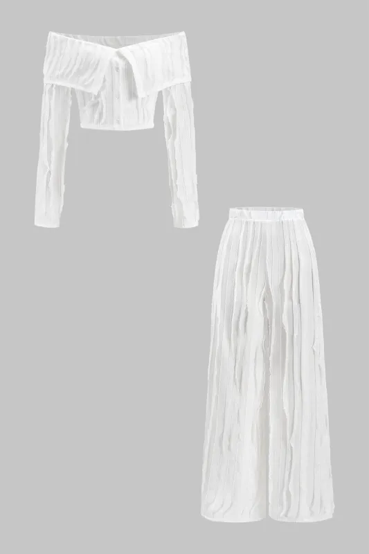 Ruffle Off Shoulder Long-Sleeve Top And Wide Leg Trousers Set sold by Micas