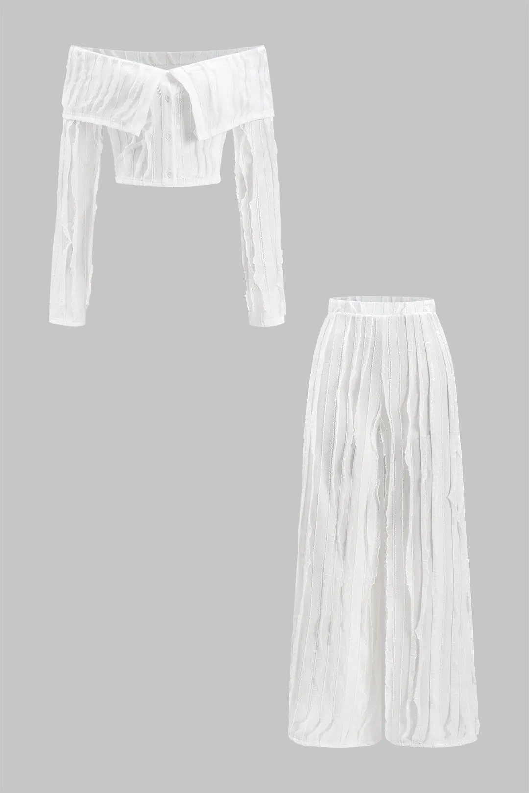 Ruffle Off Shoulder Long-Sleeve Top And Wide Leg Trousers Set sold by Micas