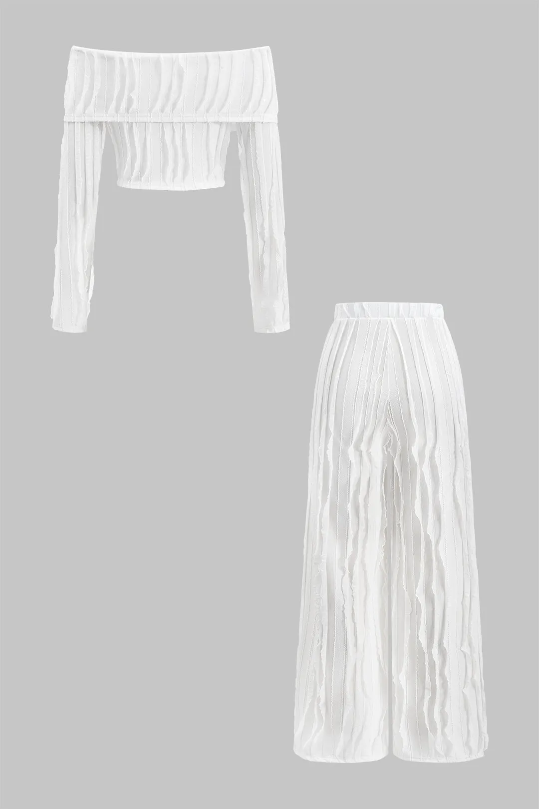 Ruffle Off Shoulder Long-Sleeve Top And Wide Leg Trousers Set sold by Micas product image thumbnail 2