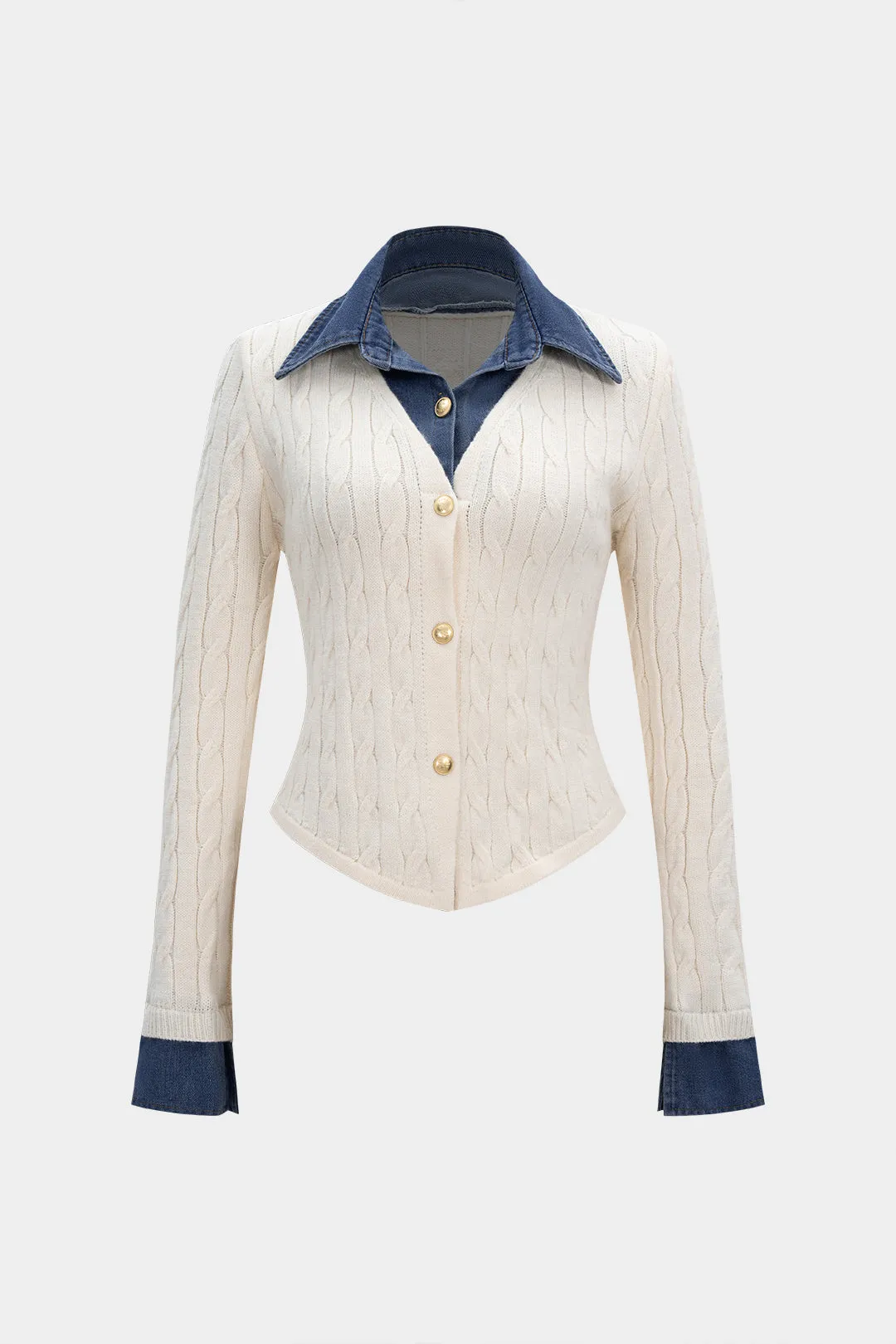 Knit Button Patchwork Long-Sleeve Top sold by Micas