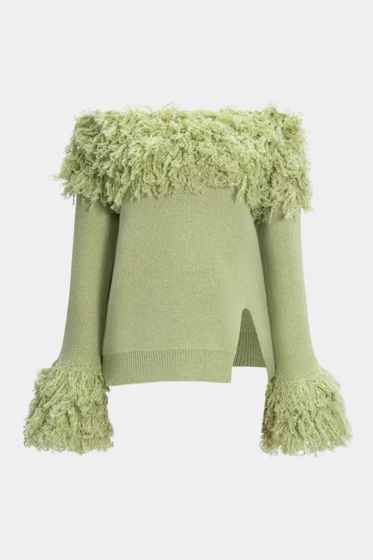 Knit Off Shoulder Fringe Long-Sleeve Top sold by Micas