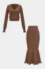 Knit Contrast Whipstitching V-Neck Long-Sleeve Top And Ruffle High Waist Skirt Set sold by Micas