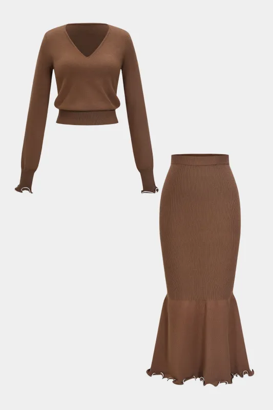 Knit Contrast Whipstitching V-Neck Long-Sleeve Top And Ruffle High Waist Skirt Set sold by Micas