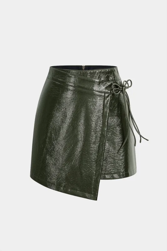 Faux Leather Asymmetrical Tie-Up Mini Skirt sold by Micas