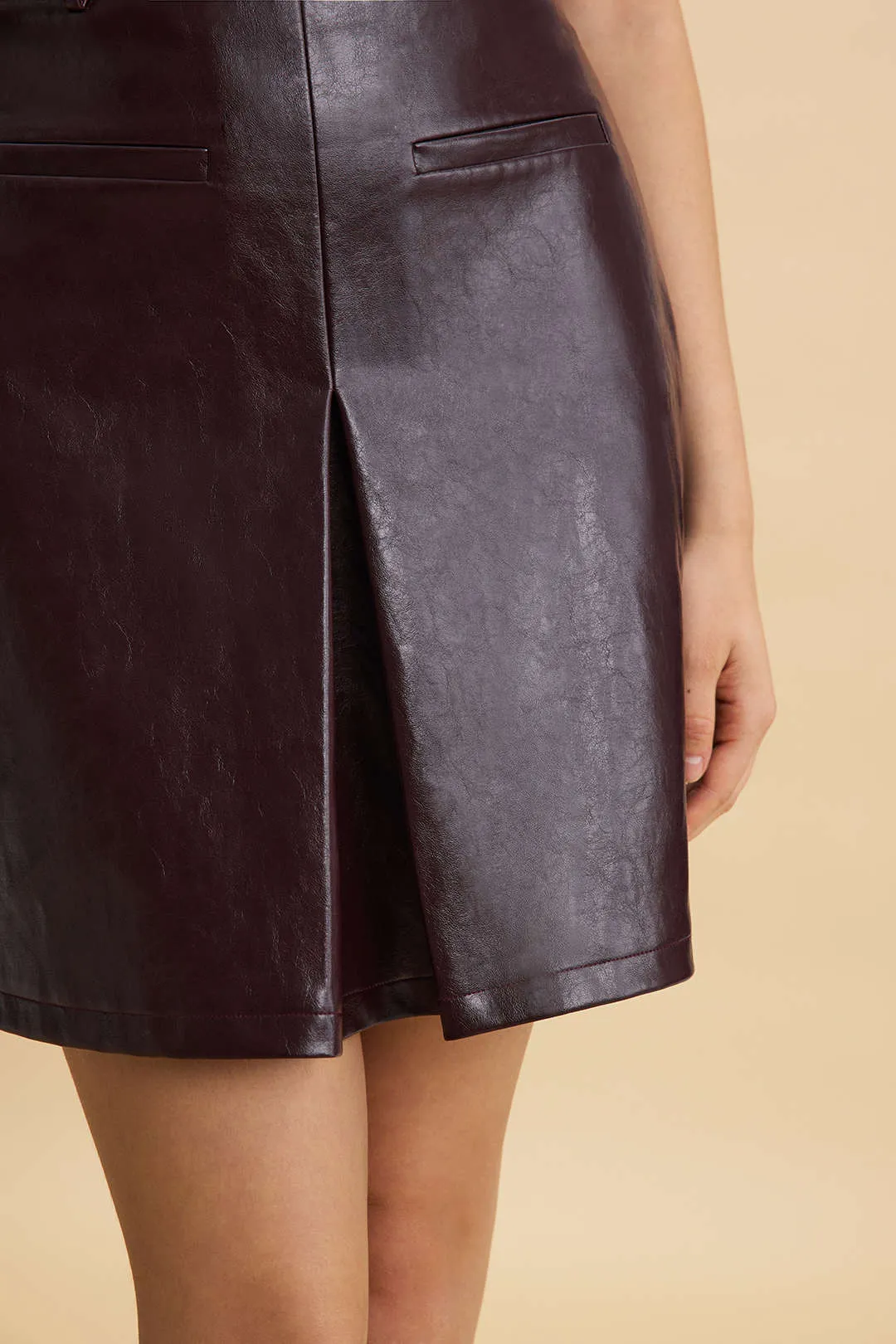 Faux Leather Pleated Zipper Pocket Stitching Detail Skirt sold by Micas product image thumbnail 4