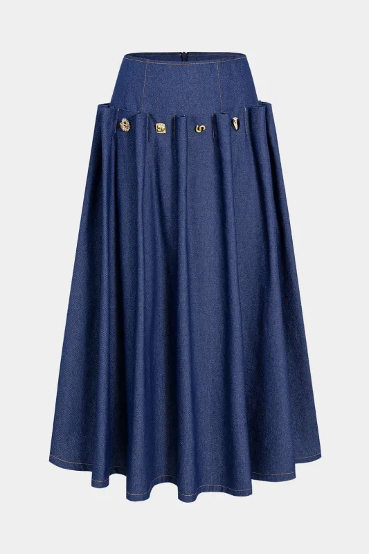 Denim Pleated Metallic Decor Zipper Skirt sold by Micas