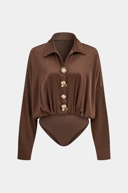 Satin Metallic Button Long Sleeve Bodysuit sold by Micas