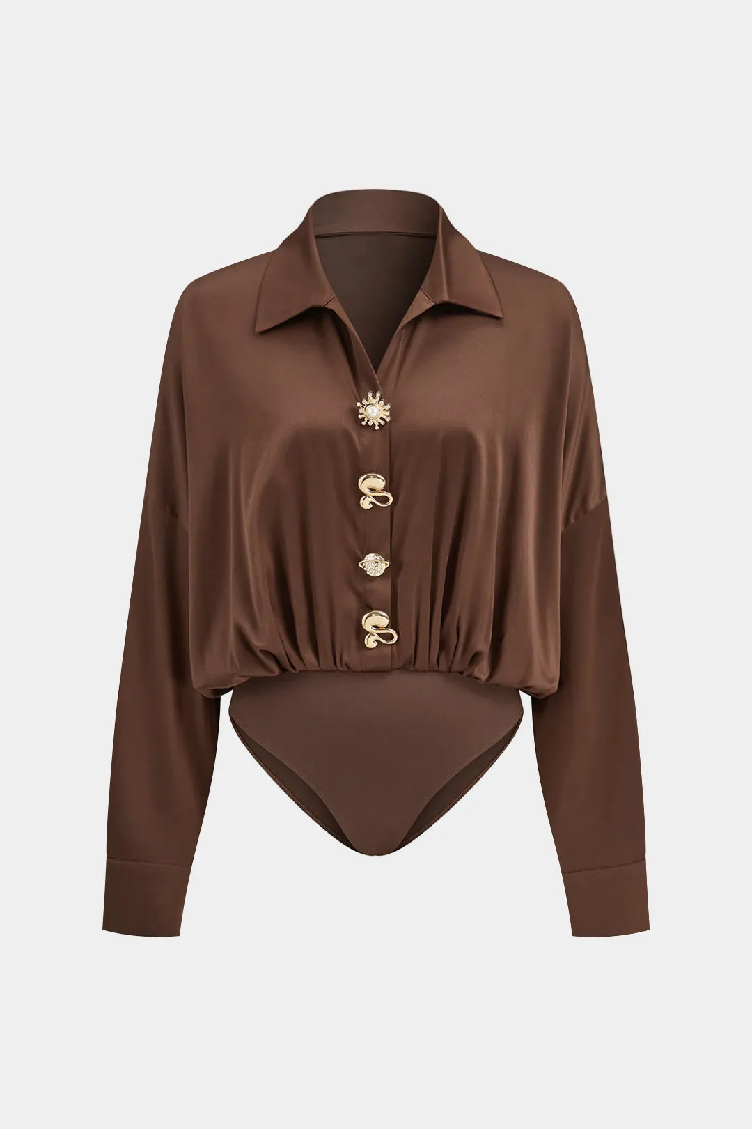 Satin Metallic Button Long Sleeve Bodysuit sold by Micas