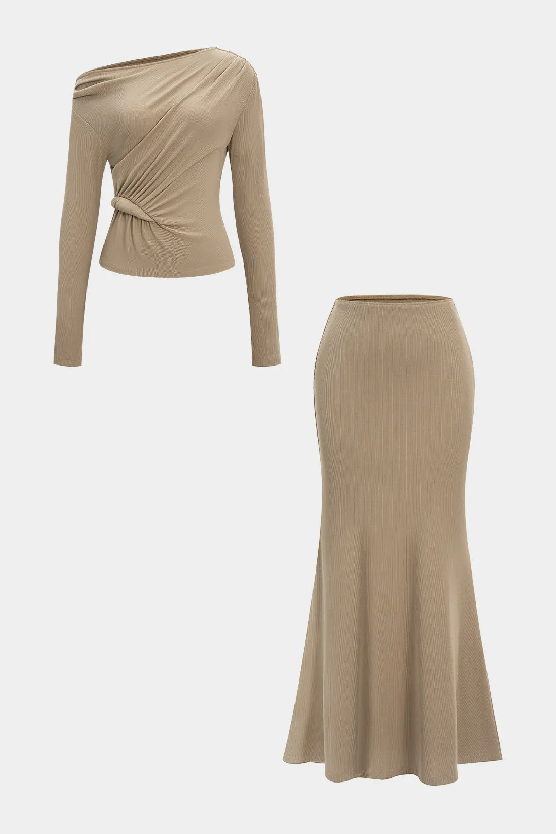 Asymmetrical Ruched Long-Sleeve Top And Maxi Skirt Set sold by Micas