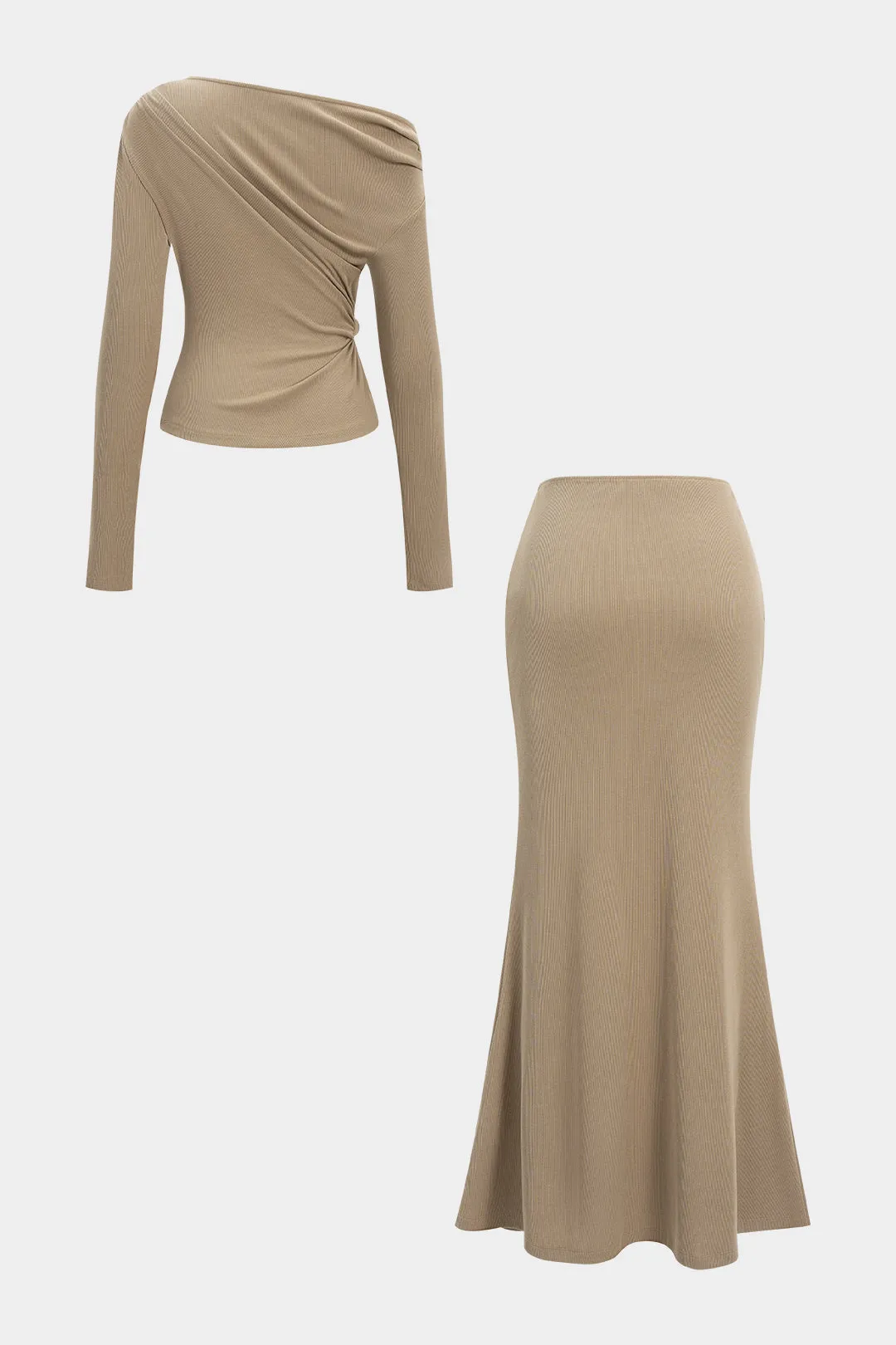 Asymmetrical Ruched Long-Sleeve Top And Maxi Skirt Set sold by Micas product image thumbnail 2