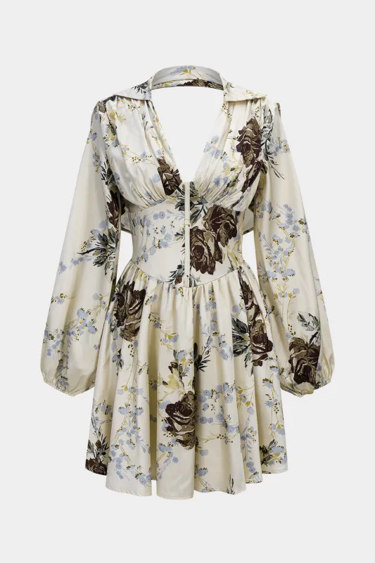 Floral Print Satin Ruched Backless V-Neck Long Sleeve Midi Dress sold by Micas