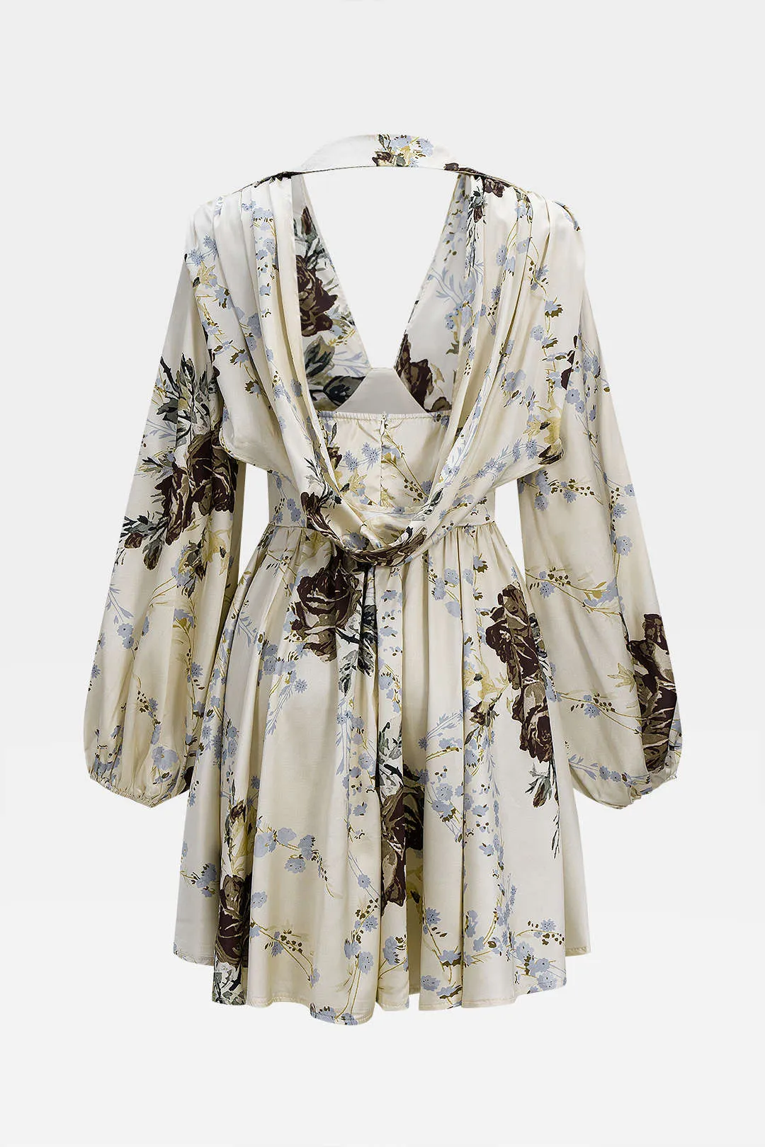 Floral Print Satin Ruched Backless V-Neck Long Sleeve Midi Dress sold by Micas product image thumbnail 2