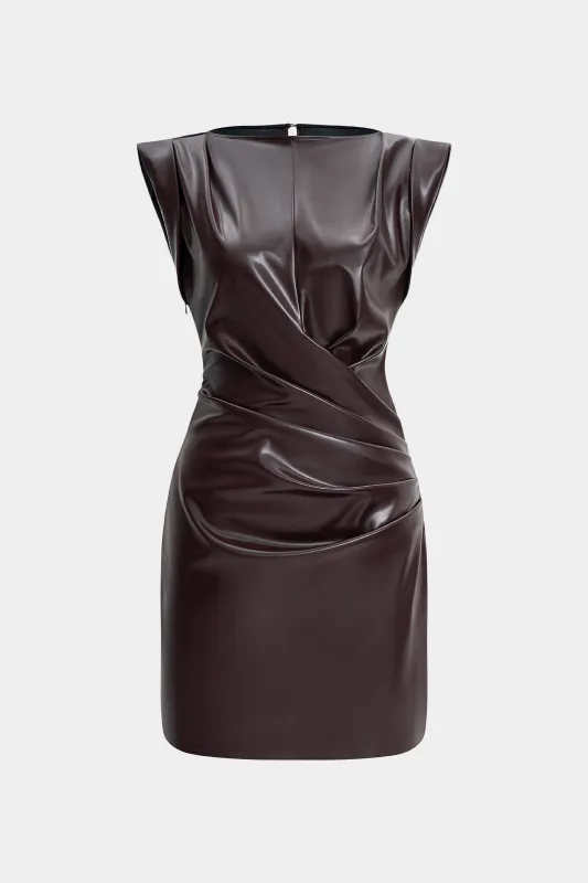 Faux Leather Pleated Zipper Shoulder Pads Sleeveless Mini Dress sold by Micas