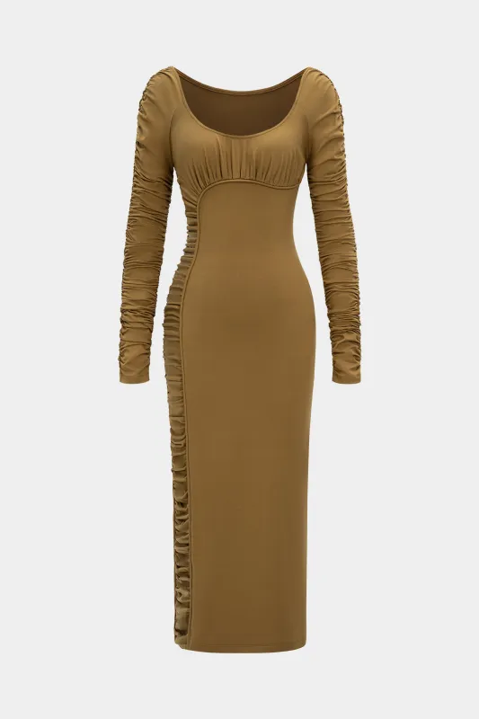 Round Neck Ruched Long Sleeve Midi Dress sold by Micas