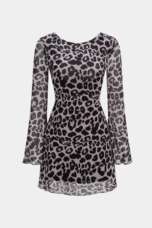 Leopard Print Mesh Backless Long Sleeve Midi Dress sold by Micas
