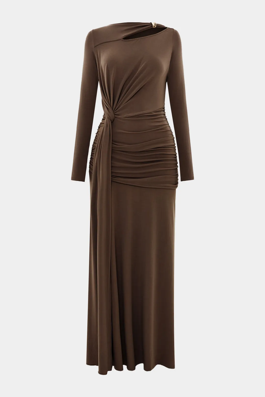 Metallic Ruched Asymmetrical Neck Long Sleeve Maxi Dress sold by Micas product image thumbnail 3