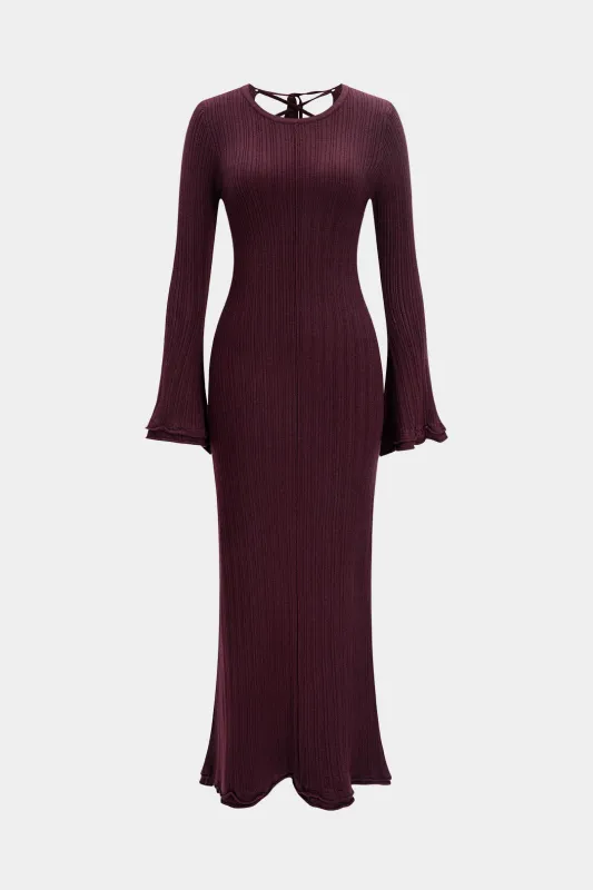 Knit Round Neck Tie-Back Scallop Edge Long Sleeve Dress sold by Micas