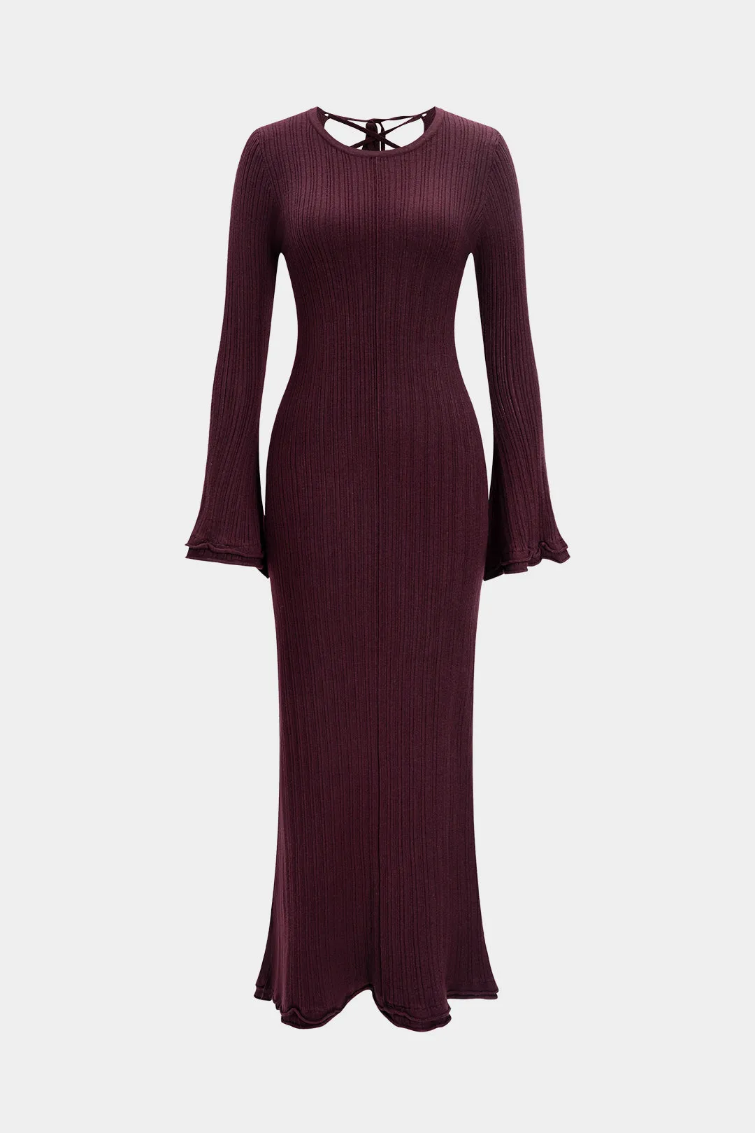 Knit Round Neck Tie-Back Scallop Edge Long Sleeve Dress sold by Micas