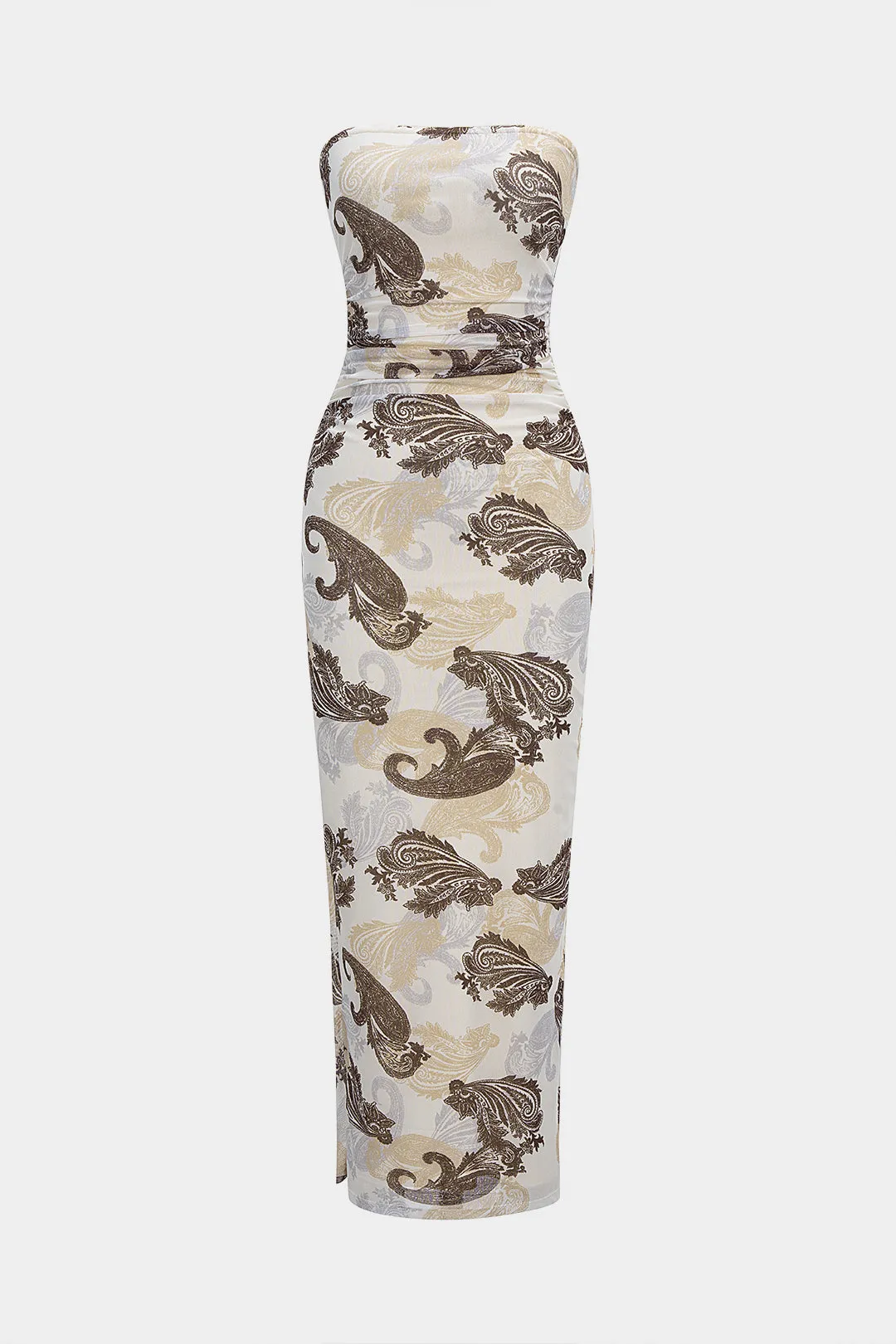 Paisley Print Mesh Ruched Strapless Sleeveless Maxi Dress sold by Micas